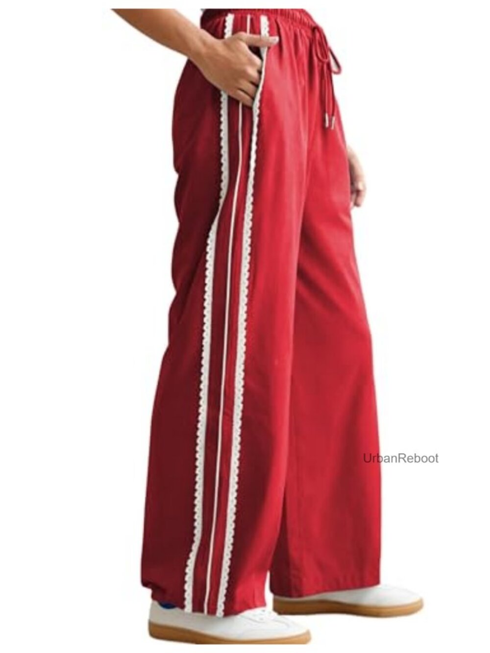 Women's Wide Leg Sweatpants with Pockets Drawstring Side Stripe Crochet